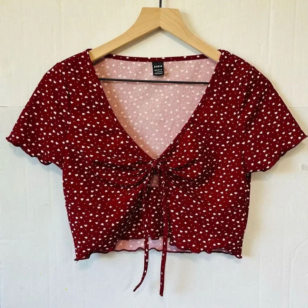 SHEIN Red With White Hearts Crop Top   Sz L   EUC